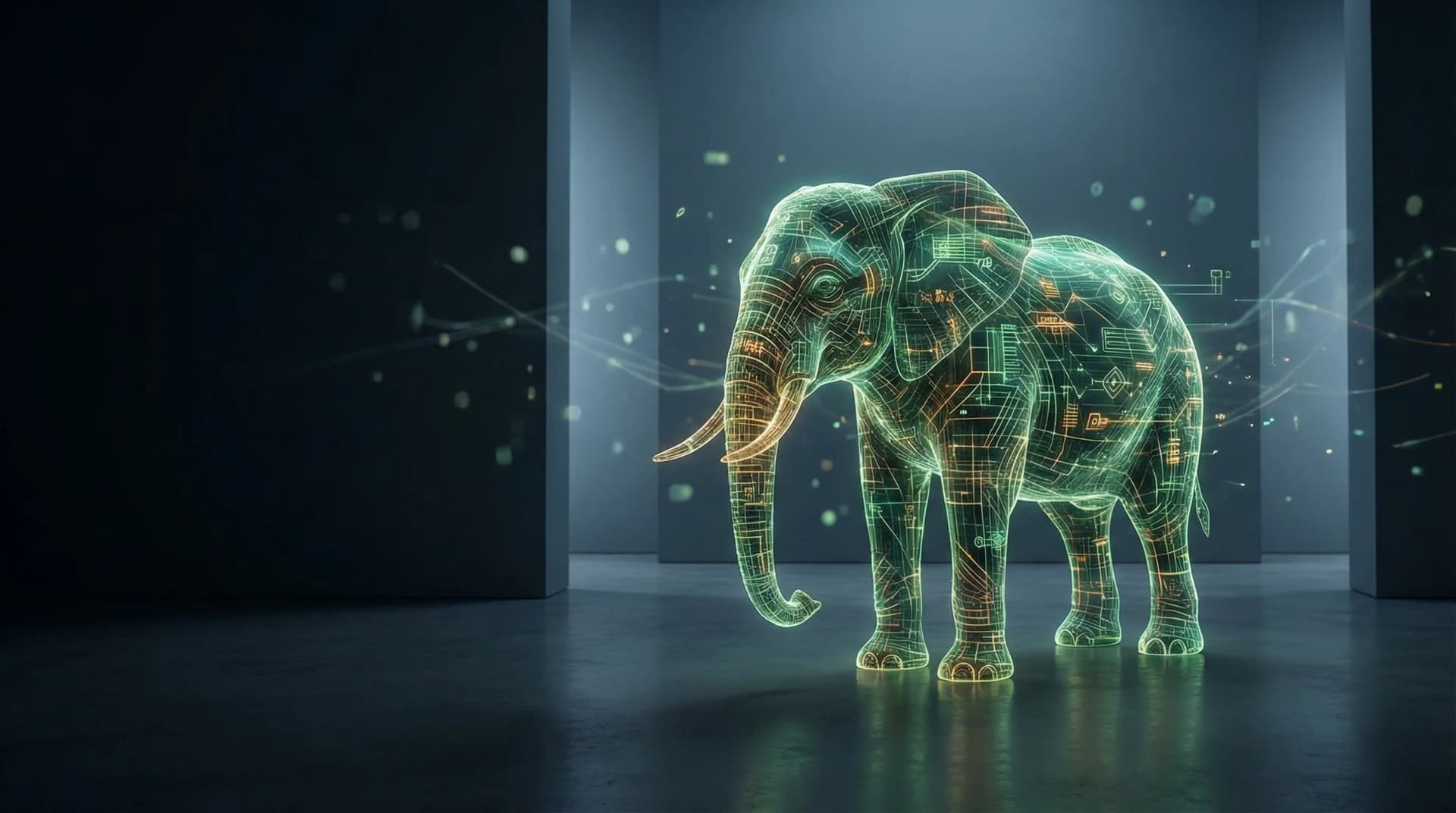 A majestic elephant made of glowing green and amber terminal code standing in a dark minimalist room
