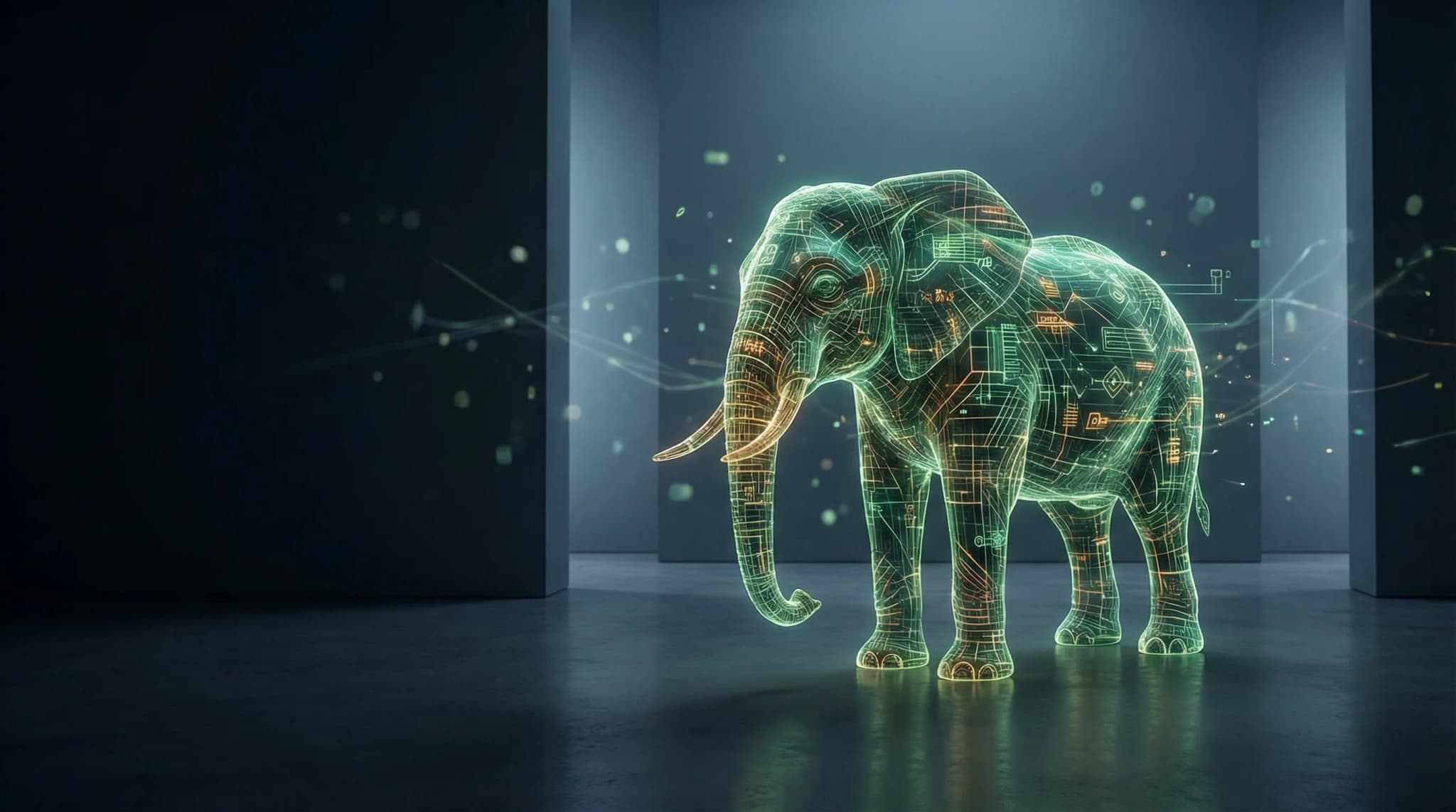 A majestic elephant made of glowing green and amber terminal code standing in a dark minimalist room
