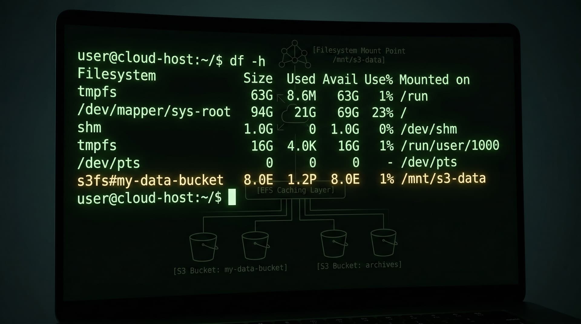 S3 bucket mounted as a filesystem on an EC2 instance showing df -h output with 8 exabytes available