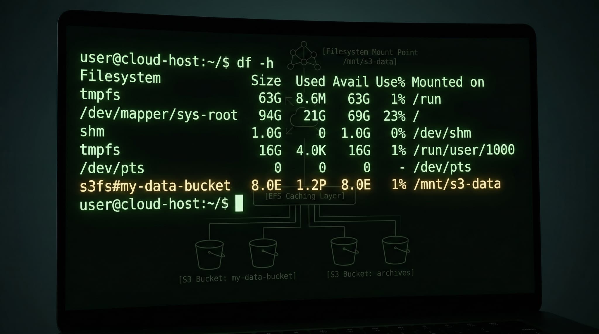 S3 bucket mounted as a filesystem on an EC2 instance showing df -h output with 8 exabytes available