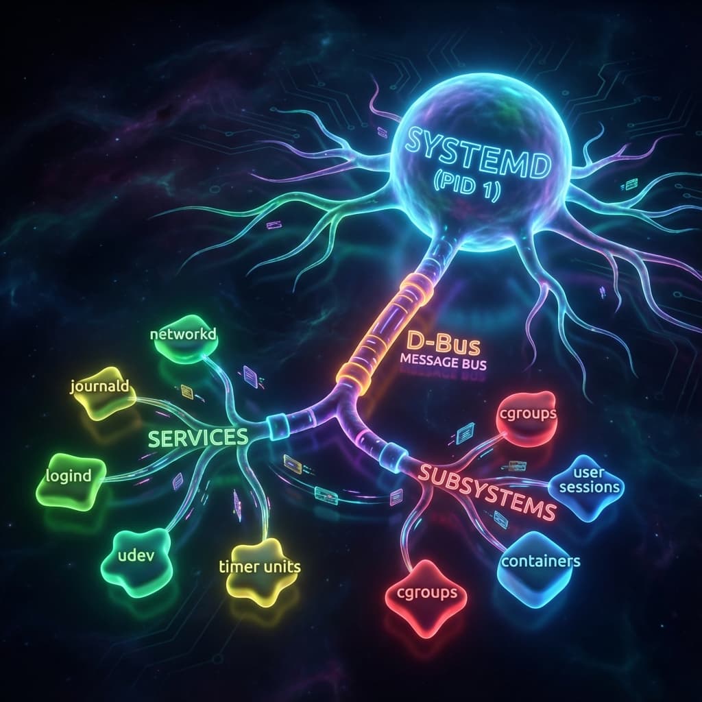 systemd architecture showing PID 1 managing all system services