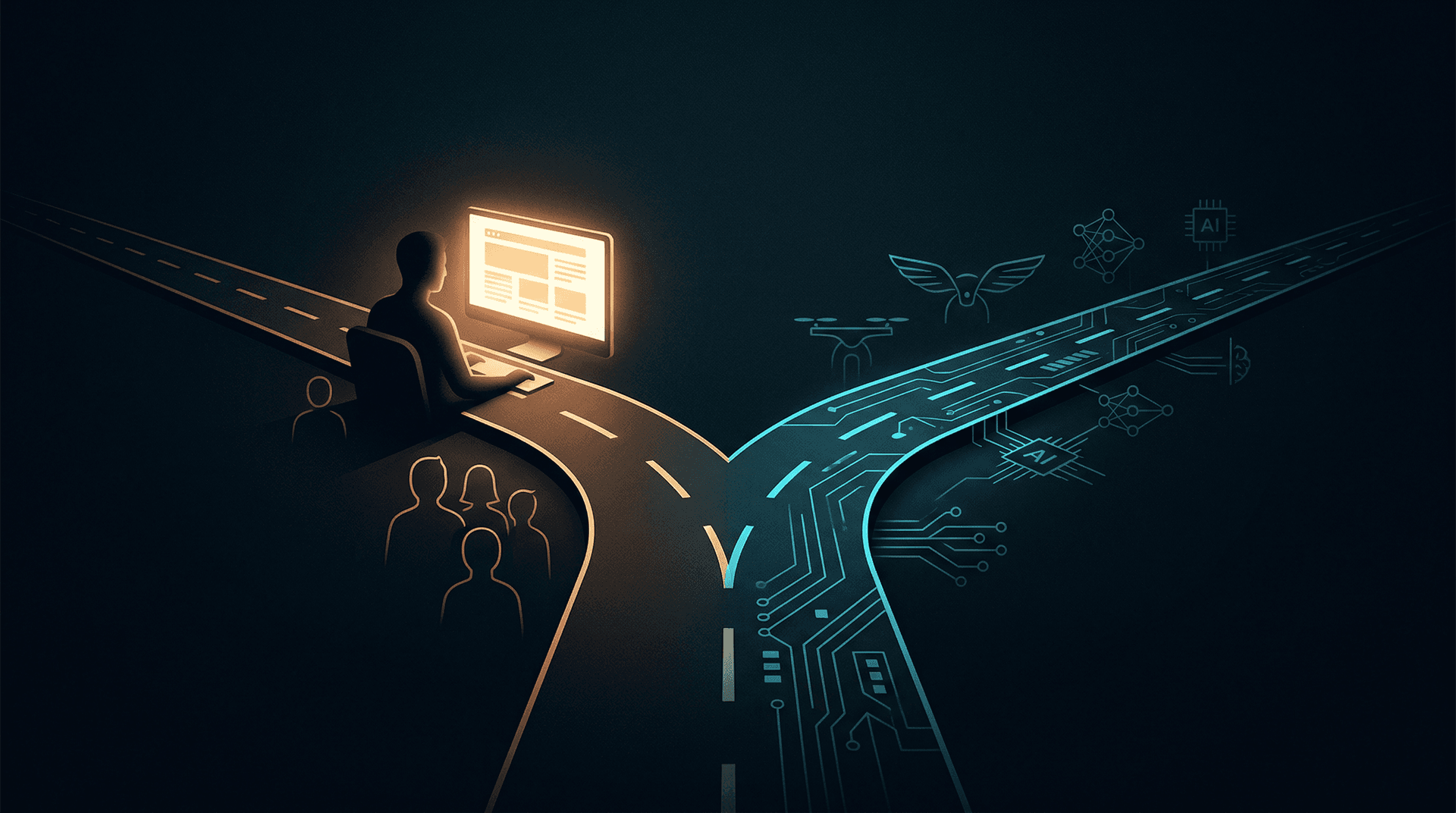 A forking road splitting into two paths — one with a human silhouette browsing a glowing screen, one lined with circuit patterns and robot iconography — dark background with blue and teal accents