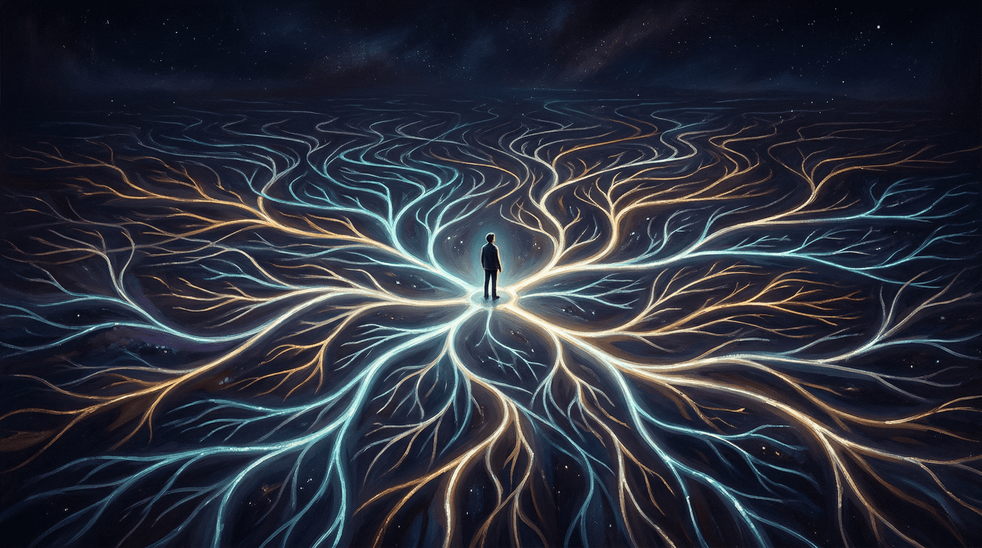 A lone figure standing at the center of countless converging paths, illuminated but motionless, overwhelmed by infinite direction
