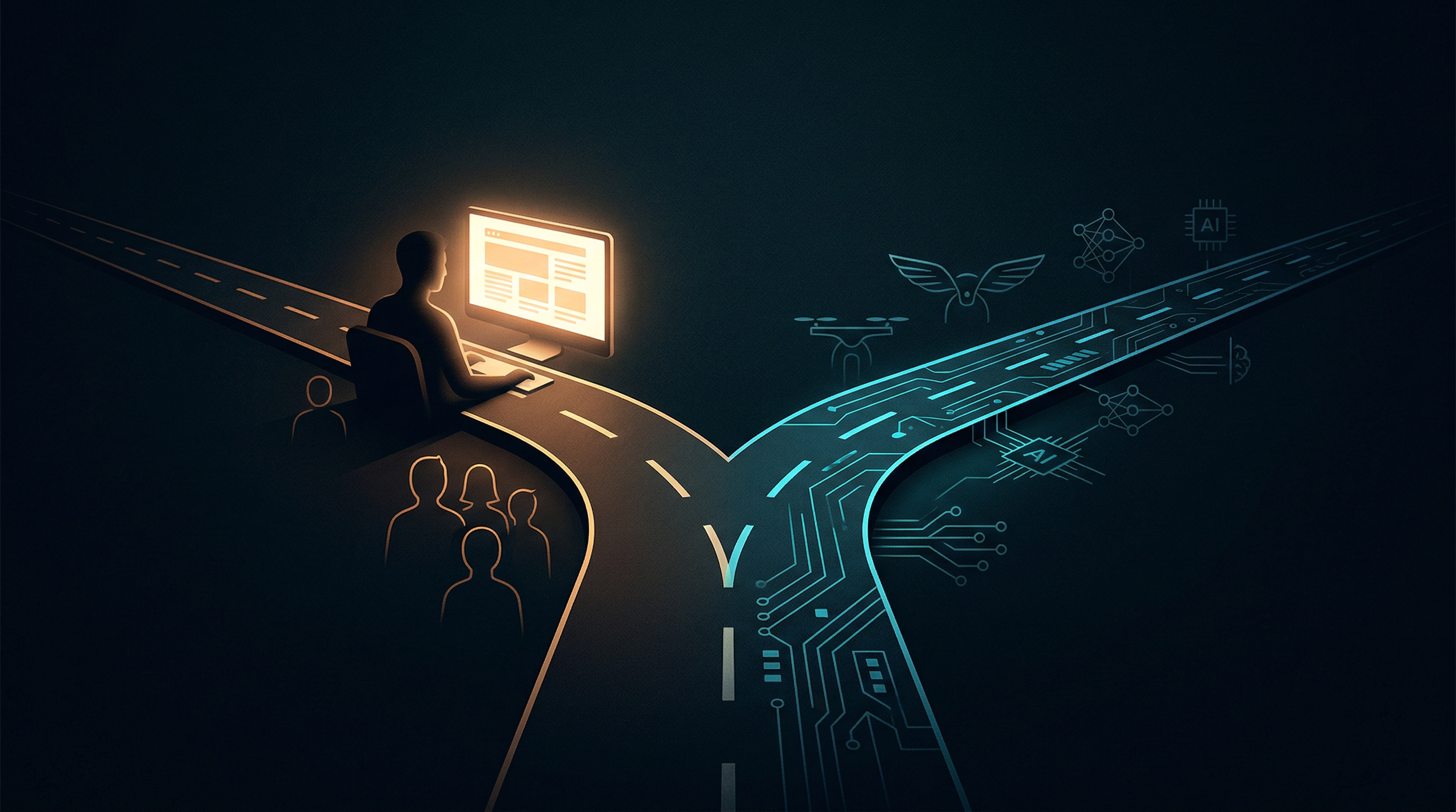 A forking road splitting into two paths — one with a human silhouette browsing a glowing screen, one lined with circuit patterns and robot iconography — dark background with blue and teal accents