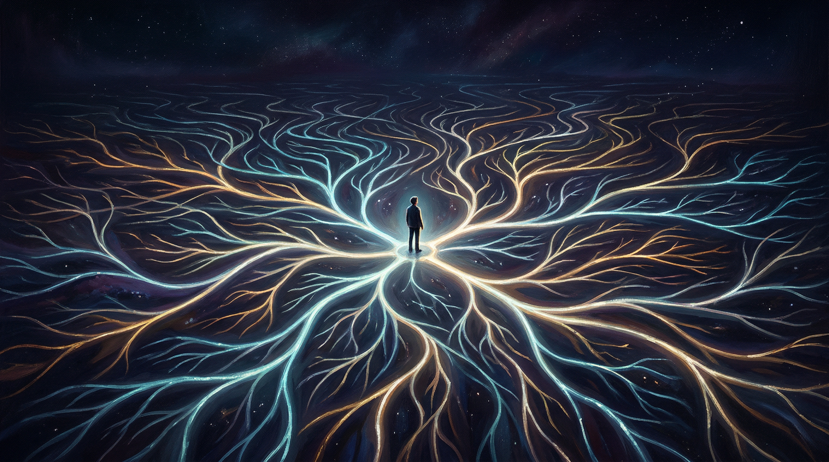 A lone figure standing at the center of countless converging paths, illuminated but motionless, overwhelmed by infinite direction